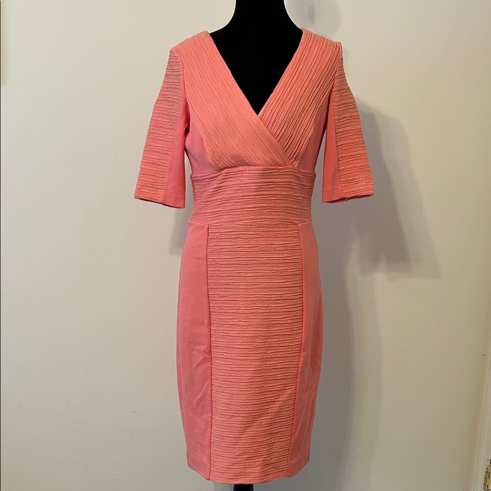 Nue by Shani Coral Pink Textured, Curve Hugging V-Neck Sheath Dress